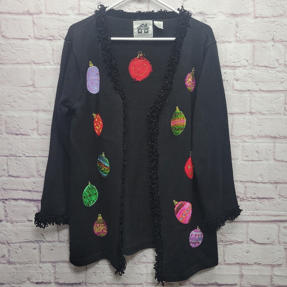 Storybook Knits Christmas Sweater Sz M Black Holiday Ornaments Beaded Embroidery